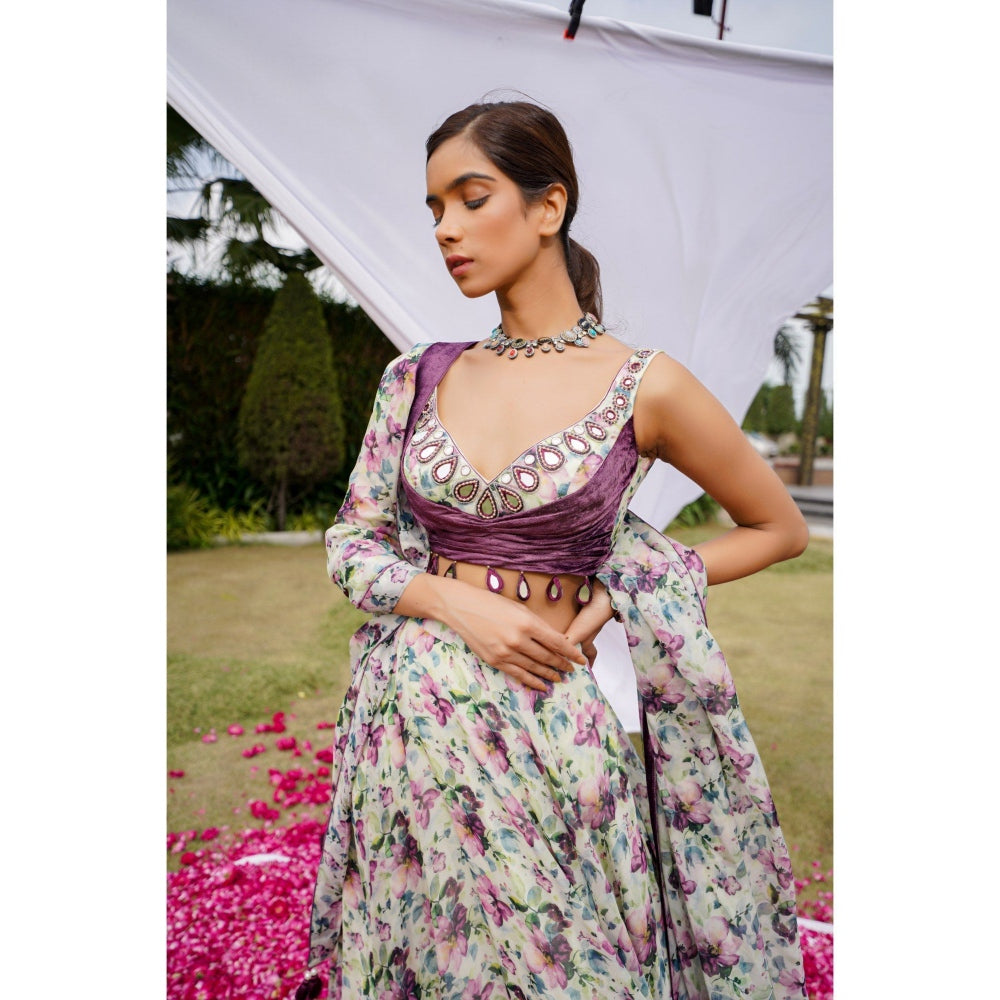 AHI Clothing Multicolor African Floral Lehenga with Bustier and Dupatta (Set of 3)