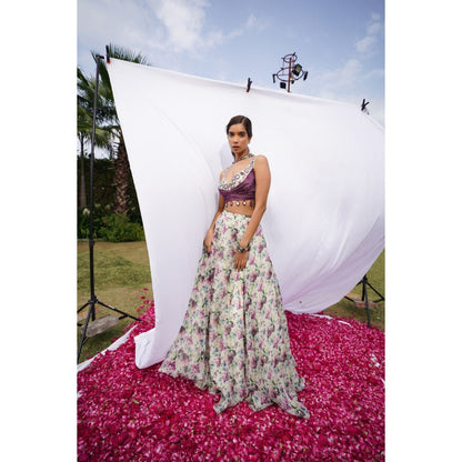 AHI Clothing Multicolor African Floral Lehenga with Bustier and Dupatta (Set of 3)