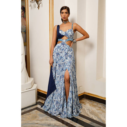 AHI Clothing White And Blue Paisley Long Indo Lehenga Dress