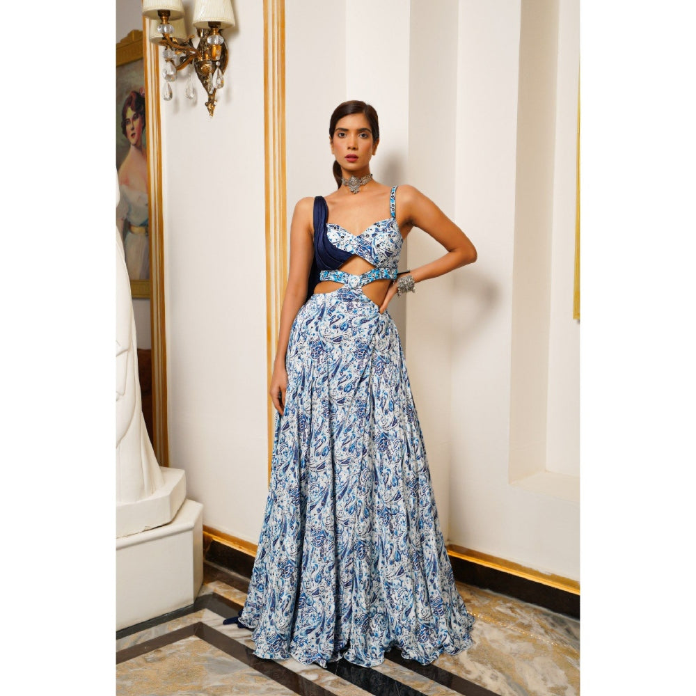 AHI Clothing White And Blue Paisley Long Indo Lehenga Dress