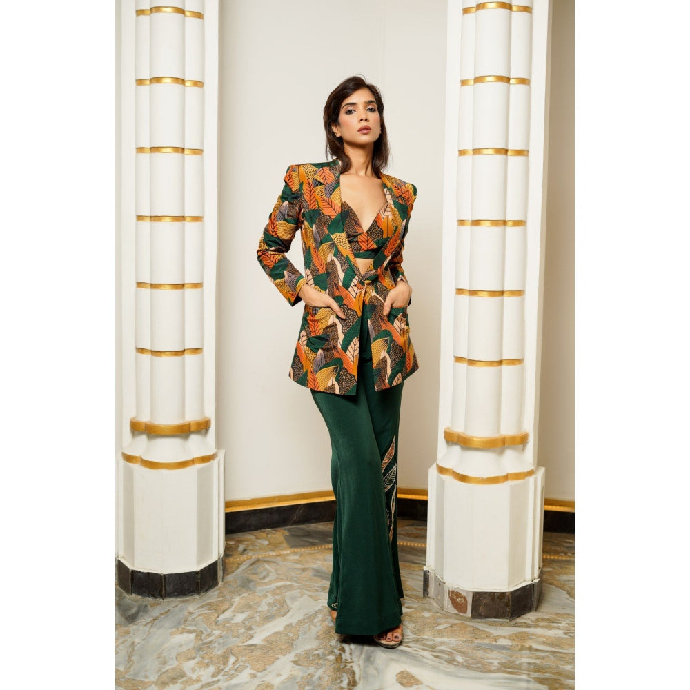 AHI Clothing Leaf Print Coat with Bralette and Trouser (Set of 3)