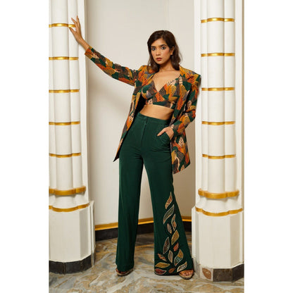 AHI Clothing Leaf Print Coat with Bralette and Trouser (Set of 3)