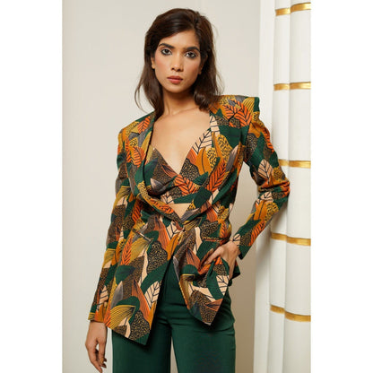 AHI Clothing Leaf Print Coat with Bralette and Trouser (Set of 3)