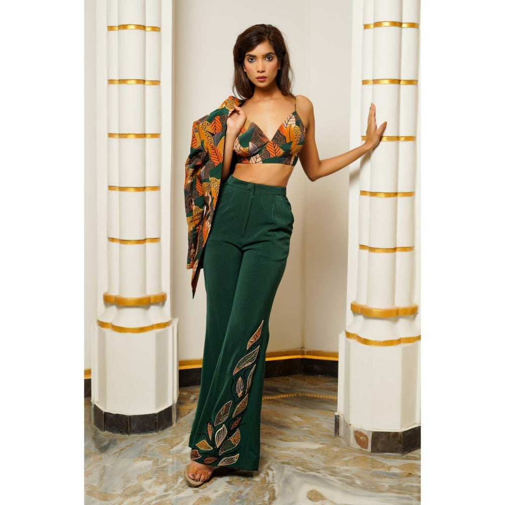 AHI Clothing Leaf Print Coat with Bralette and Trouser (Set of 3)