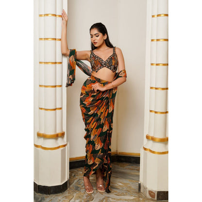 AHI Clothing Leaf Print Drape Saree with Stitched Blouse