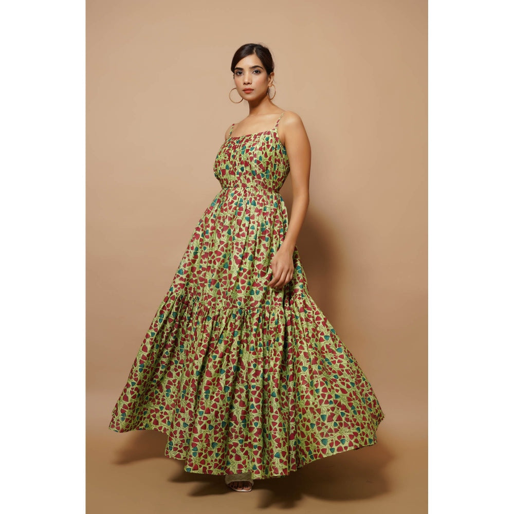 AHI Clothing Green Block Printed Chanderi Maxi Dress