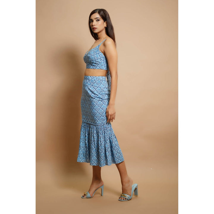 AHI Clothing Blue Block Print Fitted Skirt Co-Ord (Set of 2)