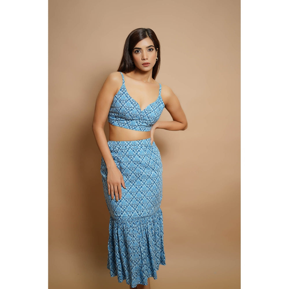 AHI Clothing Blue Block Print Fitted Skirt Co-Ord (Set of 2)