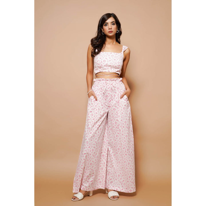 AHI Clothing White And Pink Block Printed Cotton Co-Ord (Set of 2)