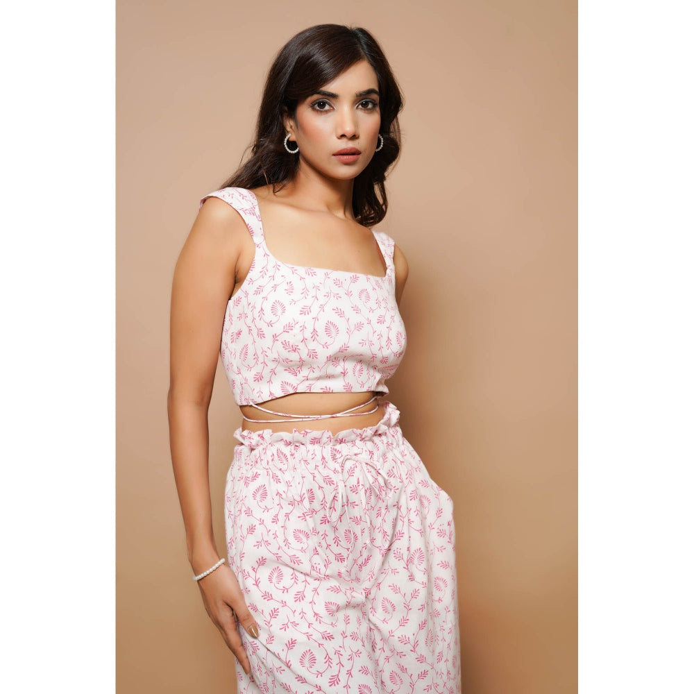 AHI Clothing White And Pink Block Printed Cotton Co-Ord (Set of 2)