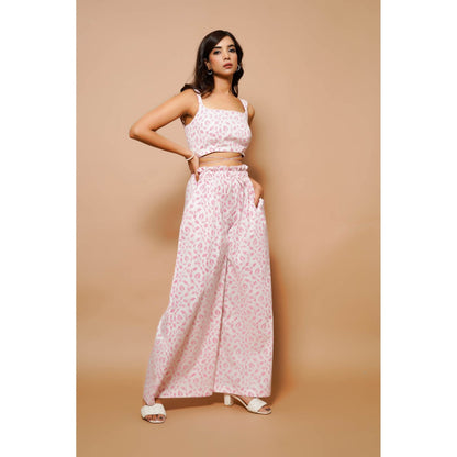AHI Clothing White And Pink Block Printed Cotton Co-Ord (Set of 2)