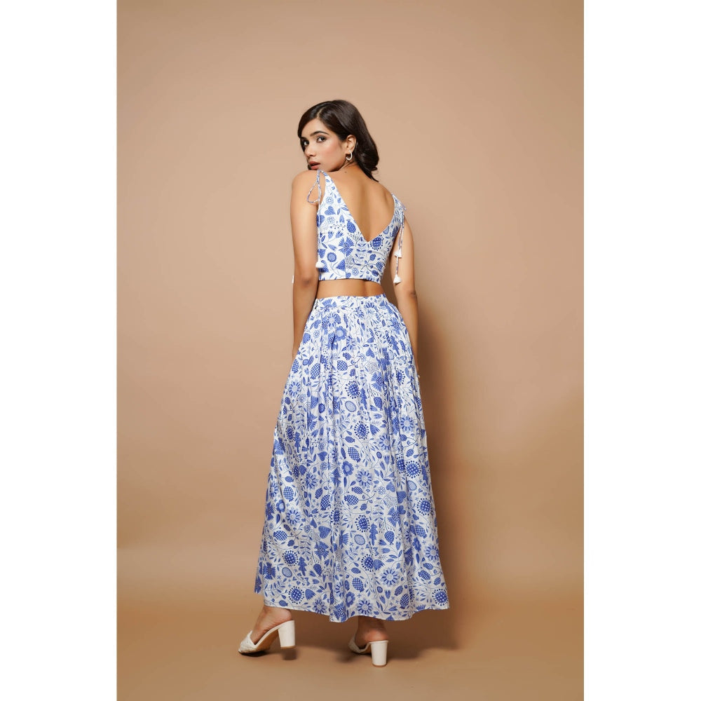 AHI Clothing Block Printed Blue And White Long Skirt Co-Ord (Set of 2)