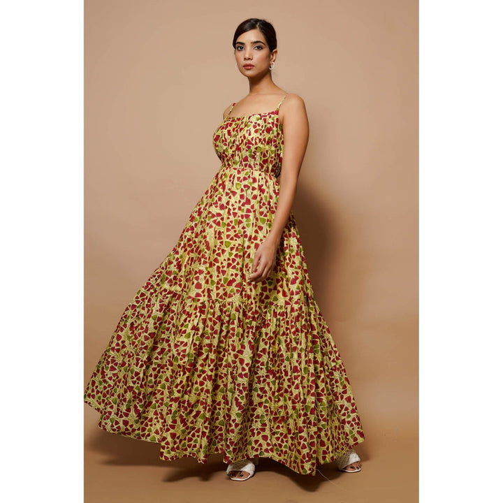 AHI Clothing Yellow Block Printed Chanderi Maxi Dress