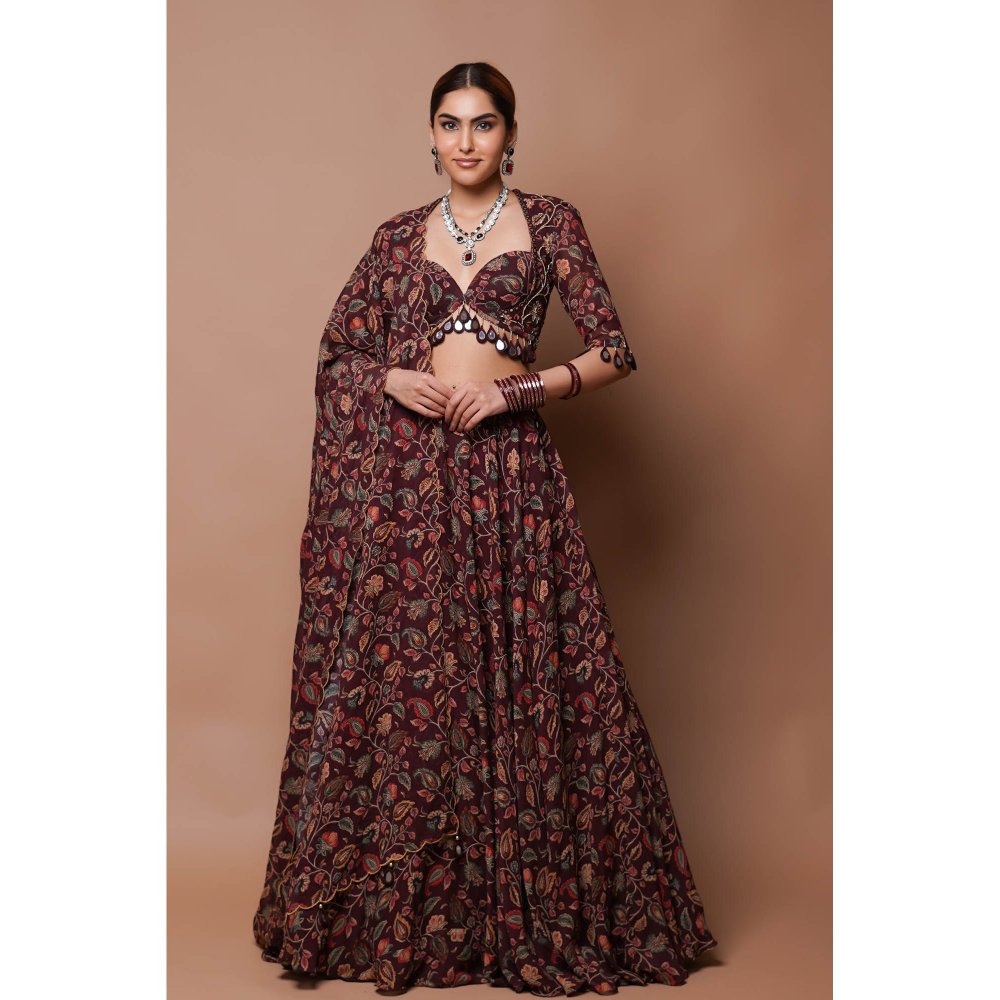 AHI Clothing Maroon Digital Print Lehenga Blouse with Dupatta (Set of 3)