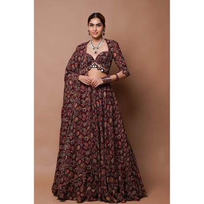 AHI Clothing Maroon Digital Print Lehenga Blouse with Dupatta (Set of 3)