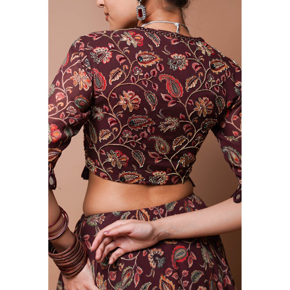 AHI Clothing Maroon Digital Print Lehenga Blouse with Dupatta (Set of 3)