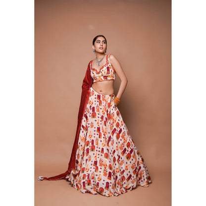 AHI Clothing Cream Digital Print Lehenga Blouse with Dupatta (Set of 3)