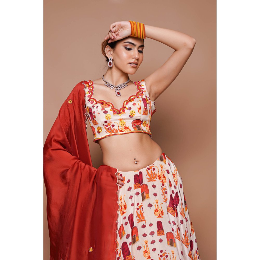 AHI Clothing Cream Digital Print Lehenga Blouse with Dupatta (Set of 3)