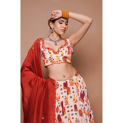 AHI Clothing Cream Digital Print Lehenga Blouse with Dupatta (Set of 3)