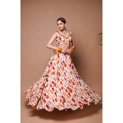 AHI Clothing Cream Digital Print Lehenga Blouse with Dupatta (Set of 3)