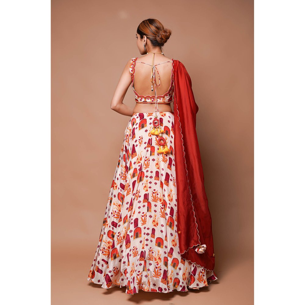 AHI Clothing Cream Digital Print Lehenga Blouse with Dupatta (Set of 3)