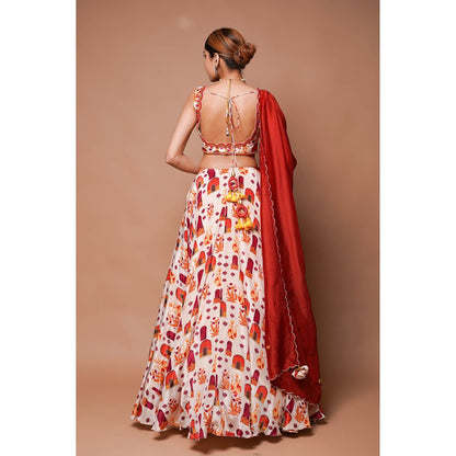 AHI Clothing Cream Digital Print Lehenga Blouse with Dupatta (Set of 3)