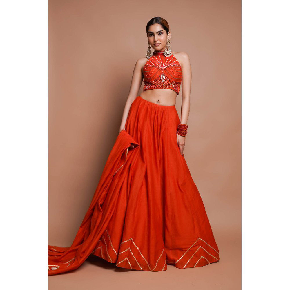 AHI Clothing Orange Chanderi Lehenga Blouse with Dupatta (Set of 3)