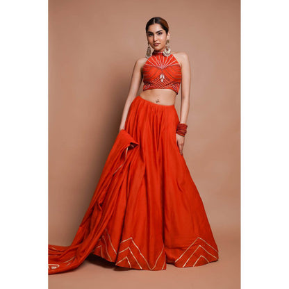 AHI Clothing Orange Chanderi Lehenga Blouse with Dupatta (Set of 3)
