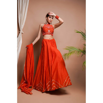 AHI Clothing Orange Chanderi Lehenga Blouse with Dupatta (Set of 3)