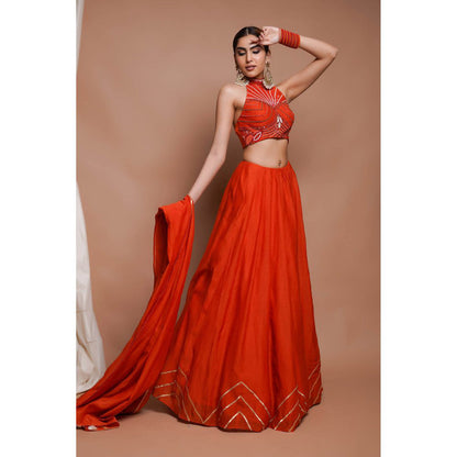 AHI Clothing Orange Chanderi Lehenga Blouse with Dupatta (Set of 3)