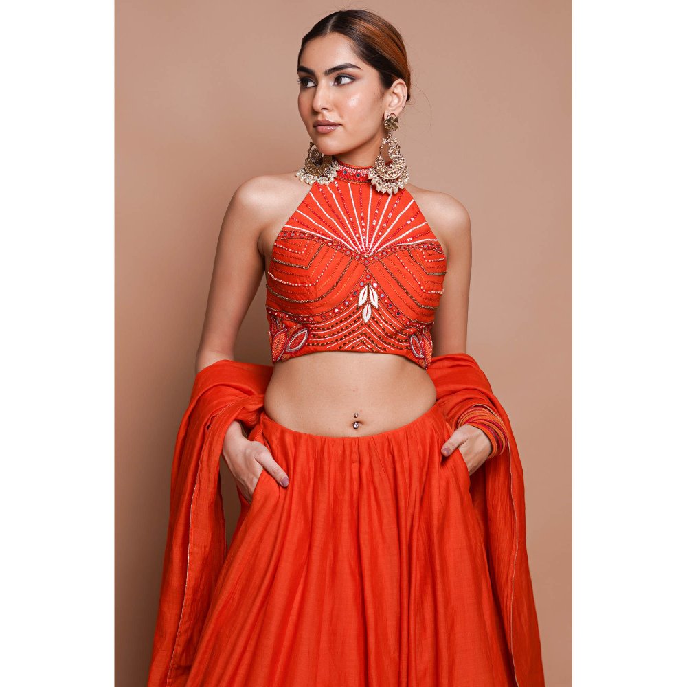 AHI Clothing Orange Chanderi Lehenga Blouse with Dupatta (Set of 3)