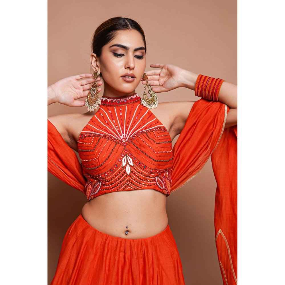 AHI Clothing Orange Chanderi Lehenga Blouse with Dupatta (Set of 3)