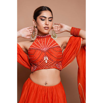 AHI Clothing Orange Chanderi Lehenga Blouse with Dupatta (Set of 3)