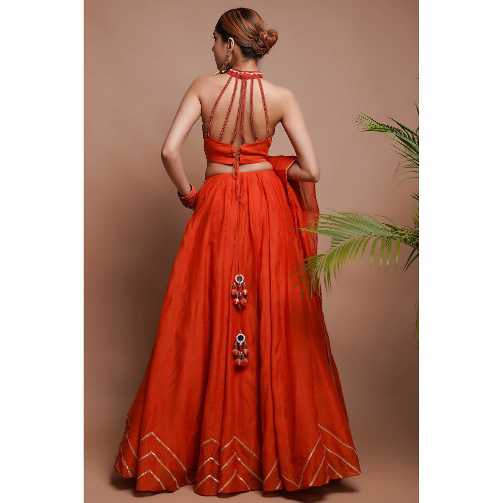 AHI Clothing Orange Chanderi Lehenga Blouse with Dupatta (Set of 3)