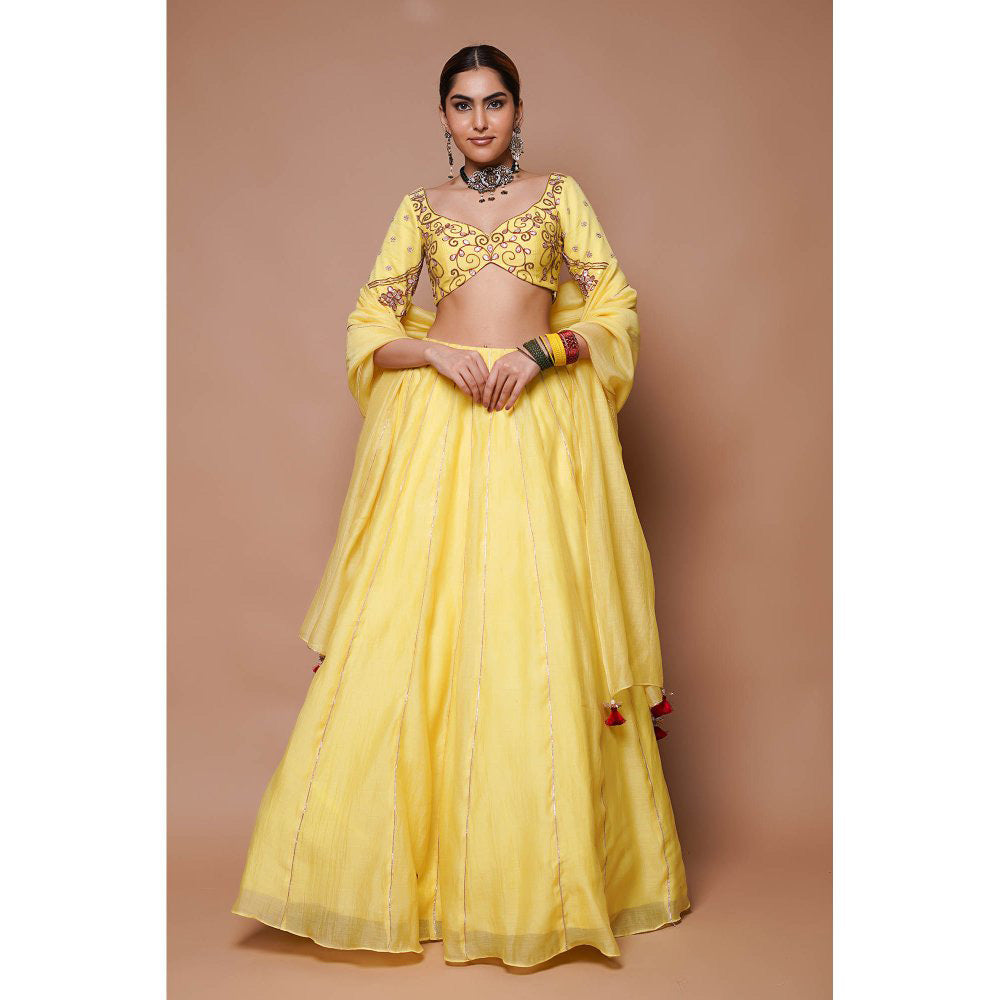 AHI Clothing Yellow Chanderi Lehenga Blouse with Dupatta (Set of 3)