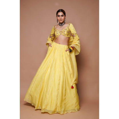 AHI Clothing Yellow Chanderi Lehenga Blouse with Dupatta (Set of 3)