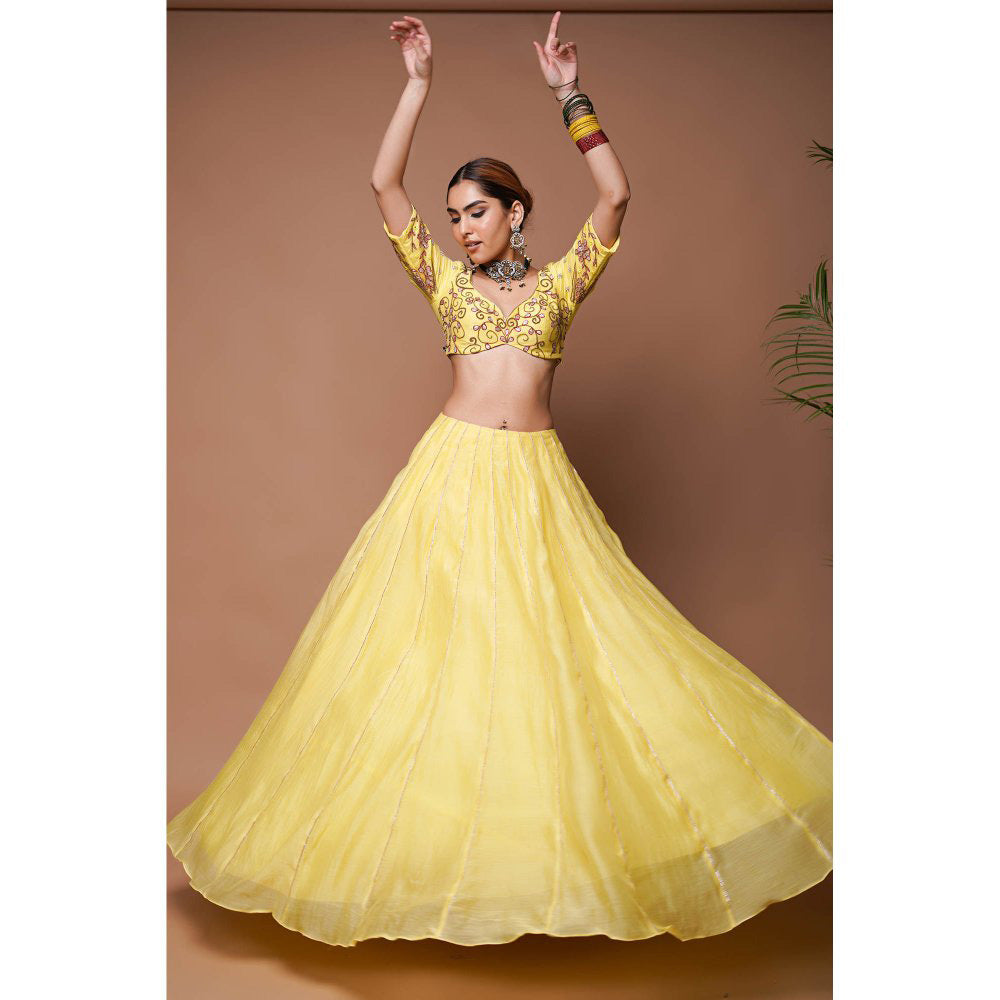 AHI Clothing Yellow Chanderi Lehenga Blouse with Dupatta (Set of 3)