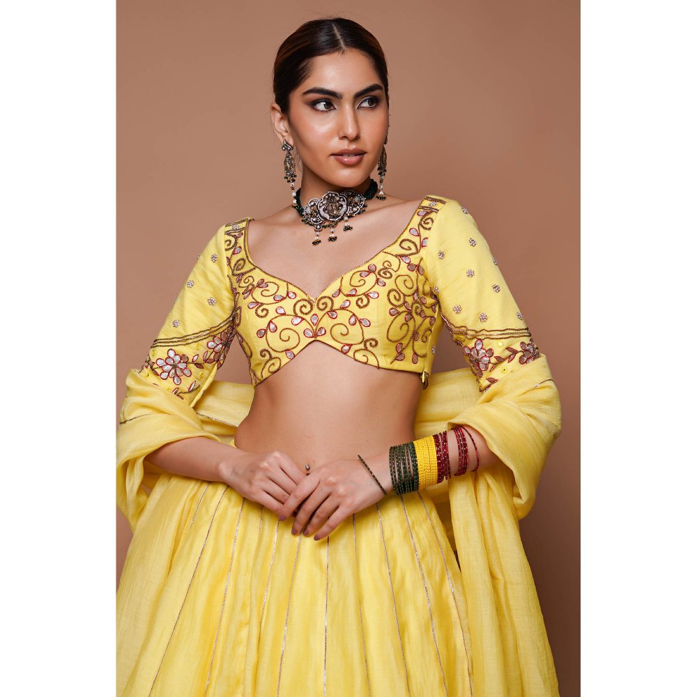 AHI Clothing Yellow Chanderi Lehenga Blouse with Dupatta (Set of 3)