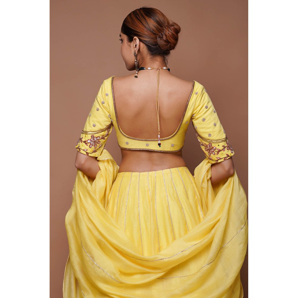 AHI Clothing Yellow Chanderi Lehenga Blouse with Dupatta (Set of 3)
