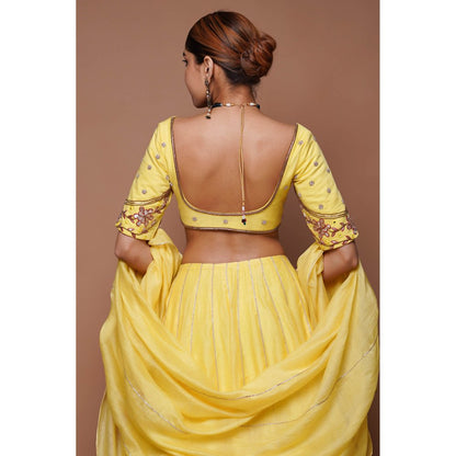 AHI Clothing Yellow Chanderi Lehenga Blouse with Dupatta (Set of 3)