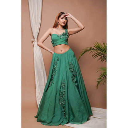 AHI Clothing Bright Green 3-D Organza Indo Lehenga with Blouse (Set of 2)
