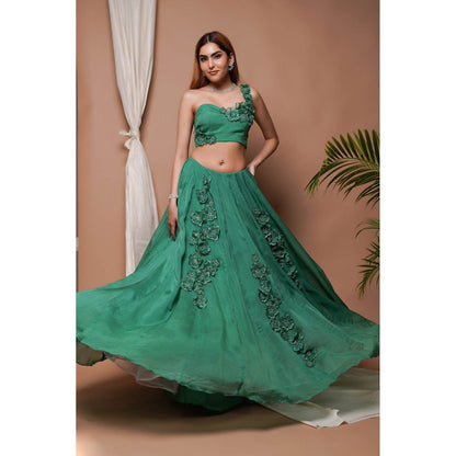 AHI Clothing Bright Green 3-D Organza Indo Lehenga with Blouse (Set of 2)