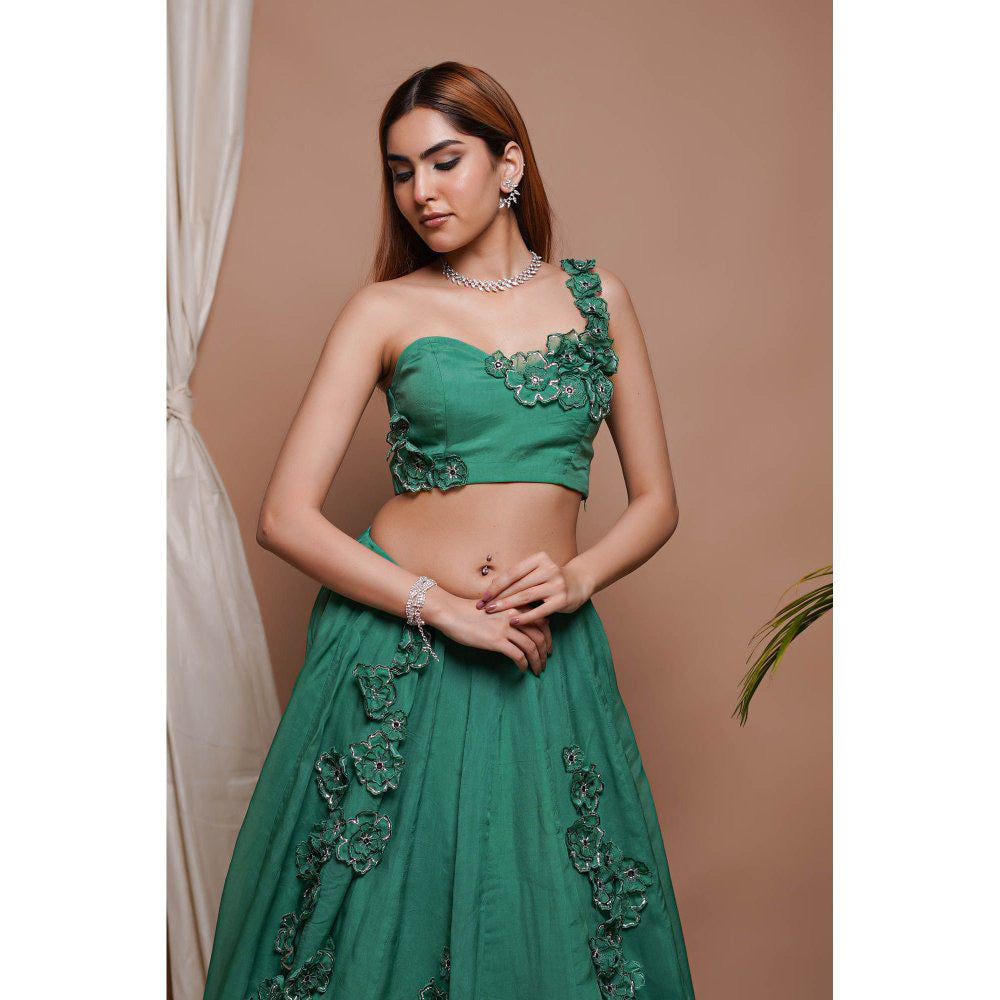 AHI Clothing Bright Green 3-D Organza Indo Lehenga with Blouse (Set of 2)