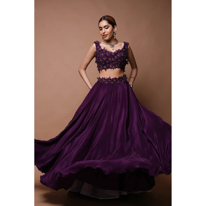 AHI Clothing Purple 3-D Lehenga Blouse with Dupatta (Set of 3)