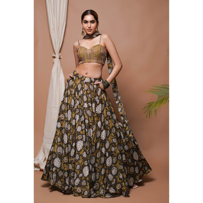 AHI Clothing Mustard Forest Digital Print Lehenga with Blouse (Set of 2)