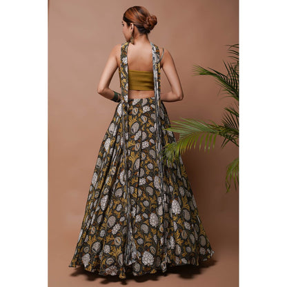 AHI Clothing Mustard Forest Digital Print Lehenga with Blouse (Set of 2)