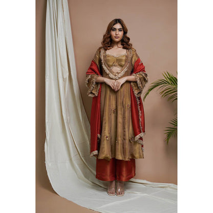 AHI Clothing Golden Tissue Silk Anarkali Kurta with Palazzo and Dupatta (Set of 3)