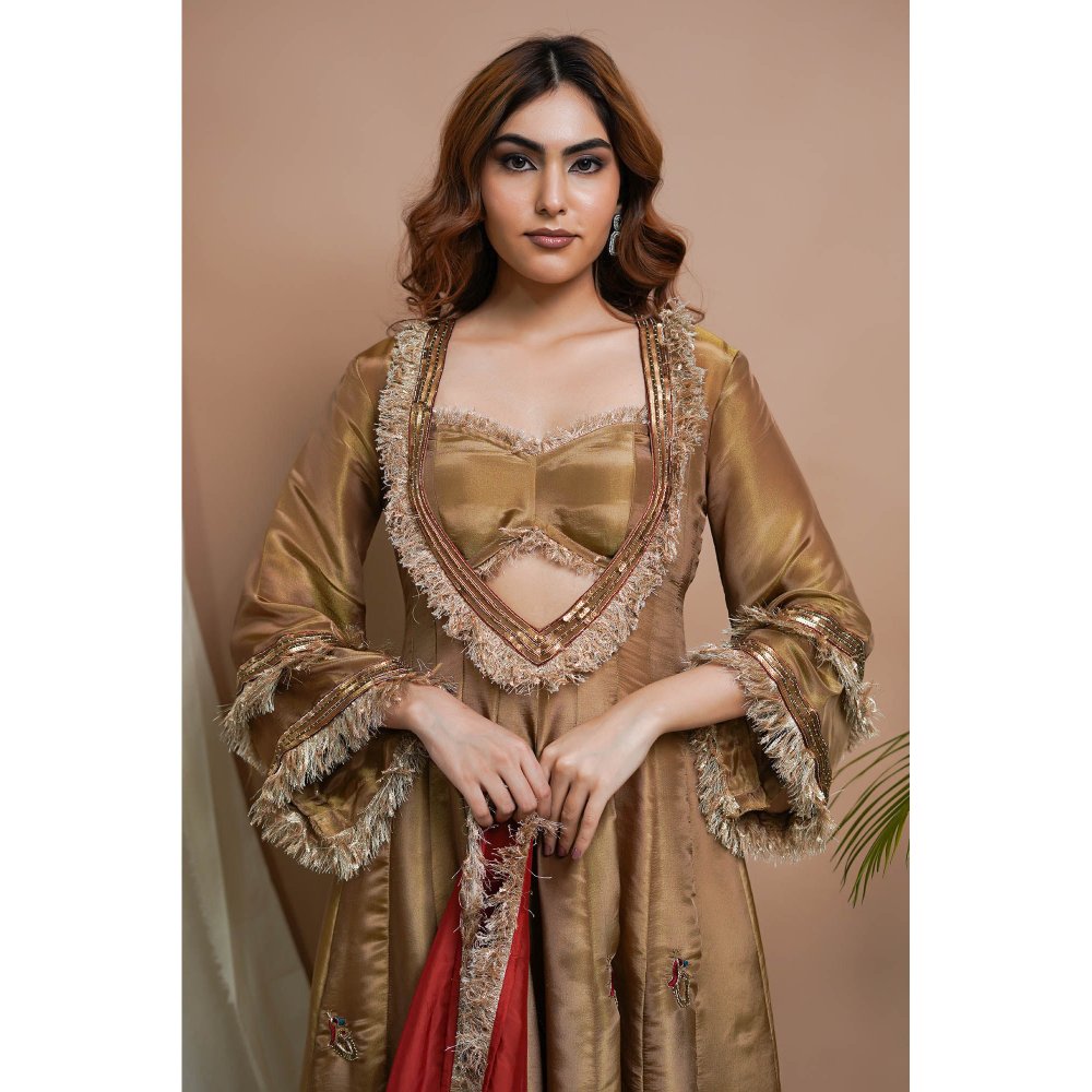 AHI Clothing Golden Tissue Silk Anarkali Kurta with Palazzo and Dupatta (Set of 3)