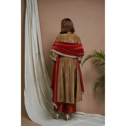 AHI Clothing Golden Tissue Silk Anarkali Kurta with Palazzo and Dupatta (Set of 3)