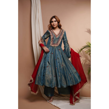 AHI Clothing Blue Red Tissue Silk Anarkali Kurta with Palazzo and Dupatta (Set of 3)